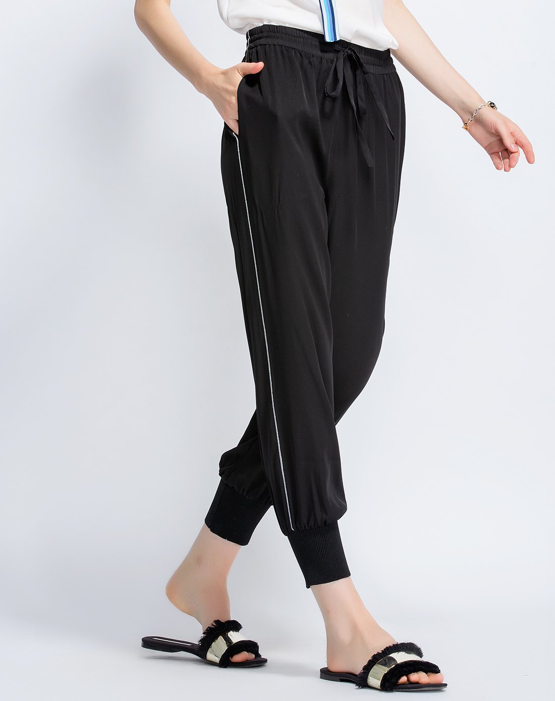 真丝休闲裤女夏季新款系带桑蚕丝九分裤时尚条纹运动裤女装