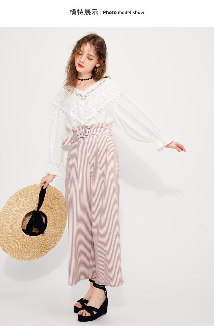 乐町2019夏季新品女款高腰荷叶边阔腿裤