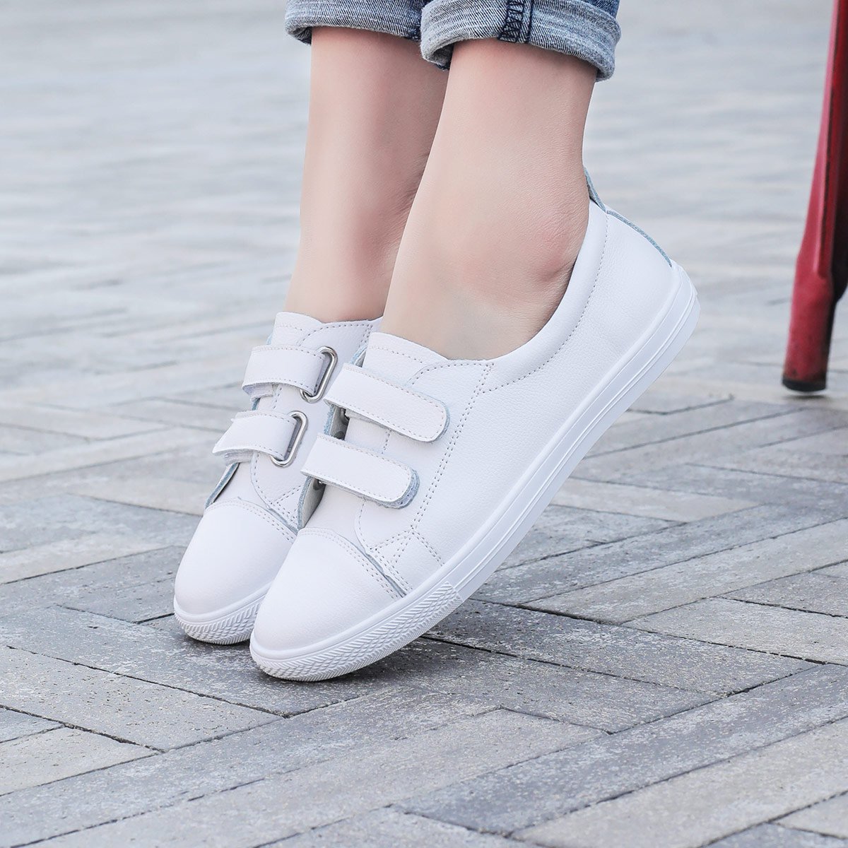 纯色百搭【牛皮】真皮魔术贴套脚板鞋女鞋休闲鞋小白鞋