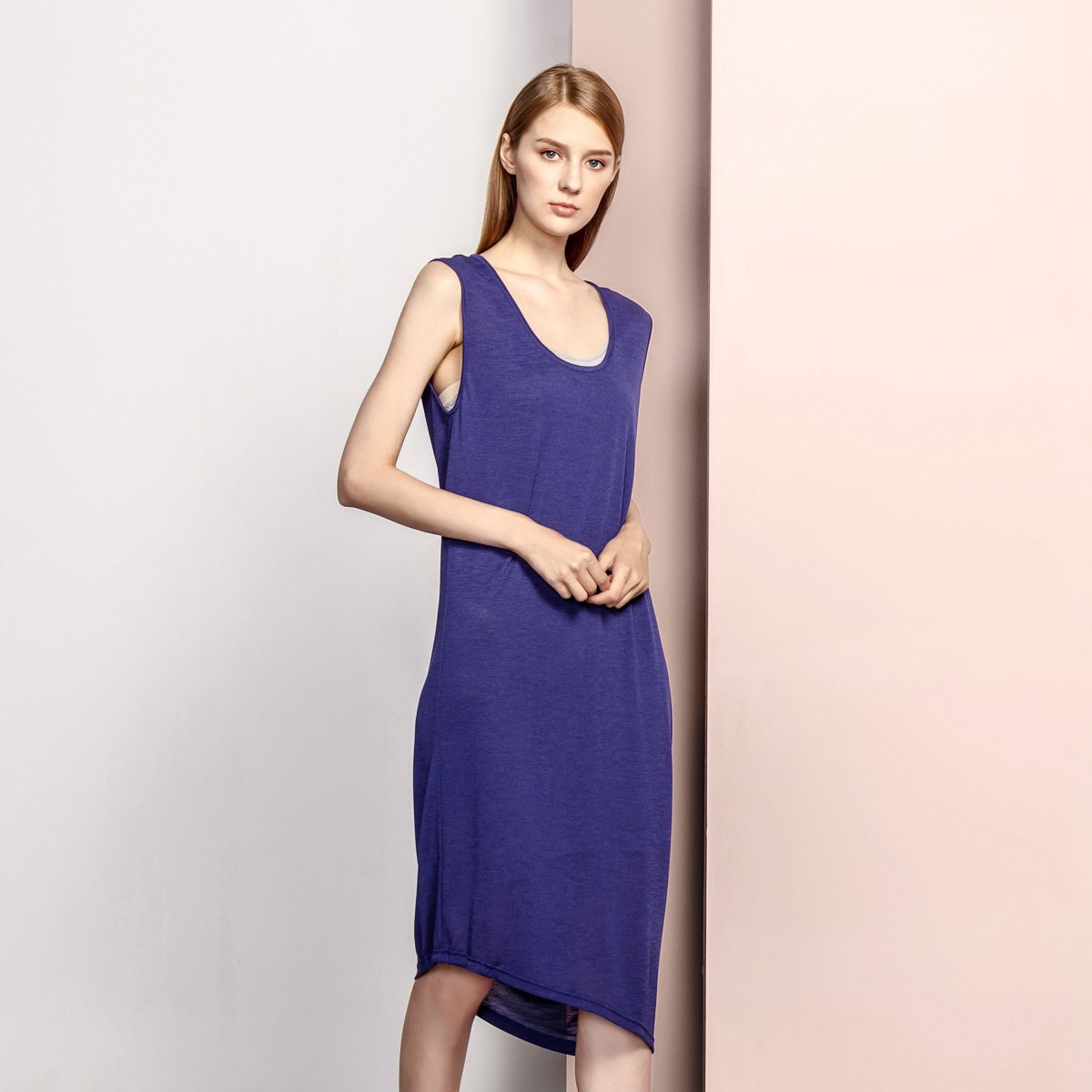 朗姿lancy 高端线俪雅休闲不规则连衣裙 蓝色 165/84a(66)