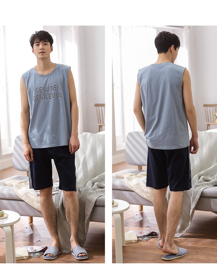 睡衣男夏季背心纯棉薄款青少年休闲男士无袖全棉家居服套装夏天