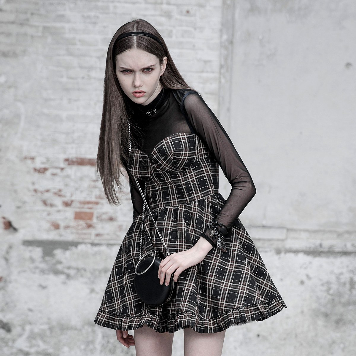 punk rave | a裙女潮流帅气暗黑朋克收腰百褶格子蕾丝裙子吊带连衣裙