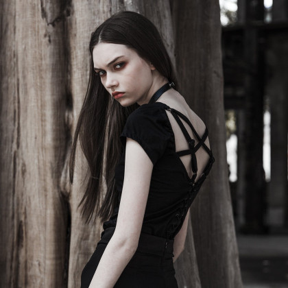 punk rave | 短袖女上衣2018新款潮人朋克暗黑绑带露背性感心机t恤女