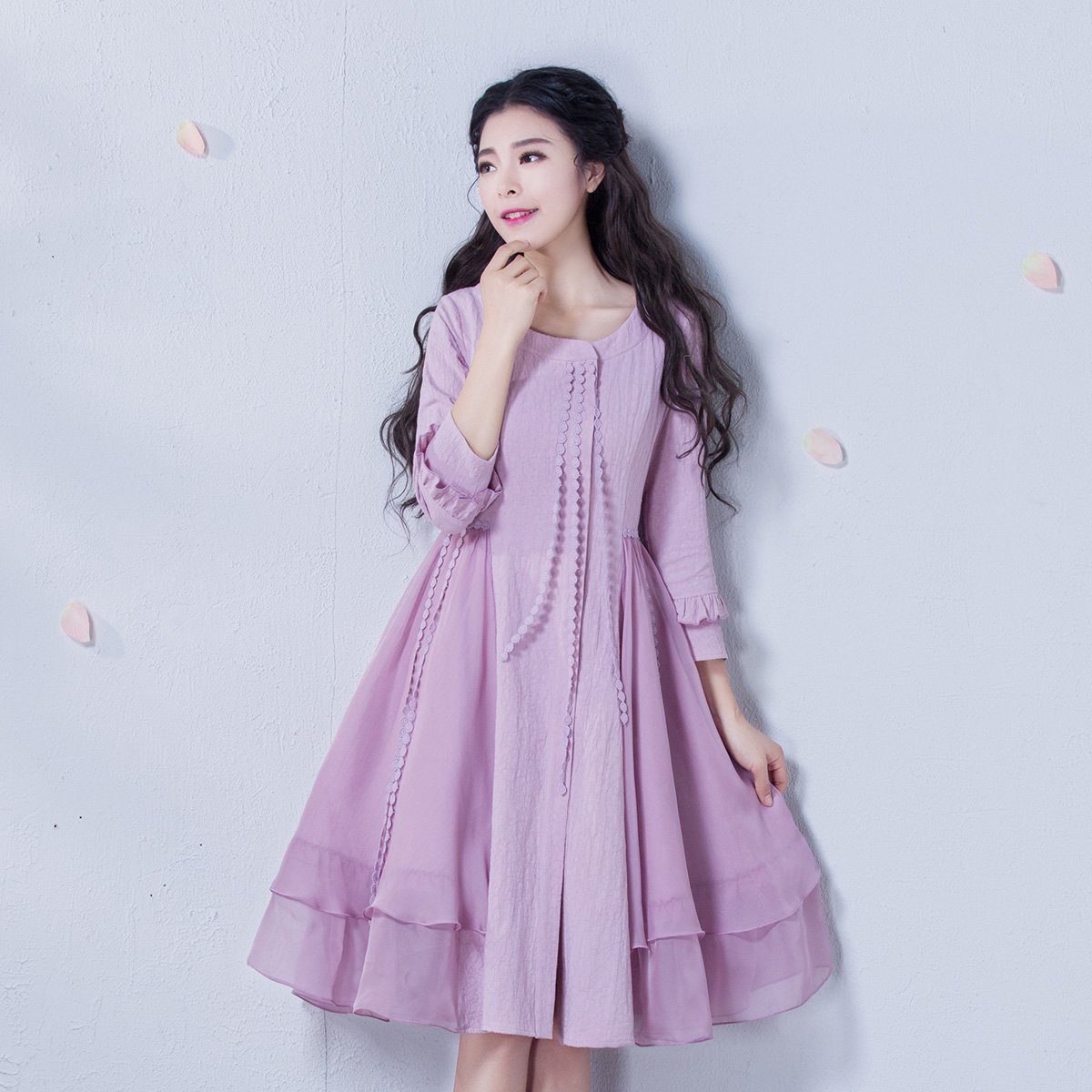 烟花烫 流苏提花七分袖连衣裙