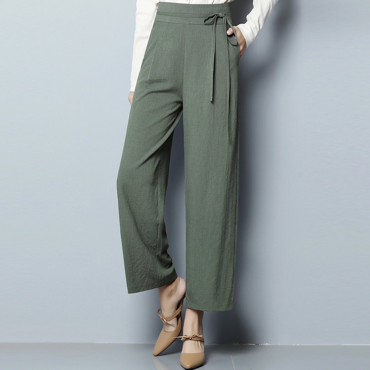 【2018新品】女款休闲裤知性干练简约通勤纯色百搭系带舒适透气大码