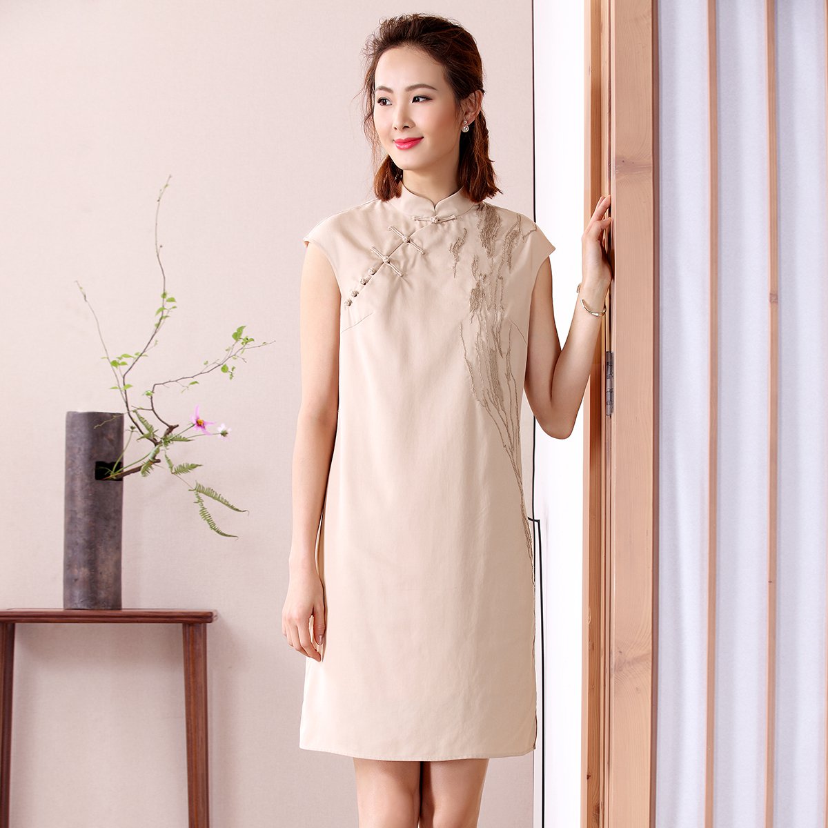 原创文艺复古原身小盖袖改良式旗袍连衣裙