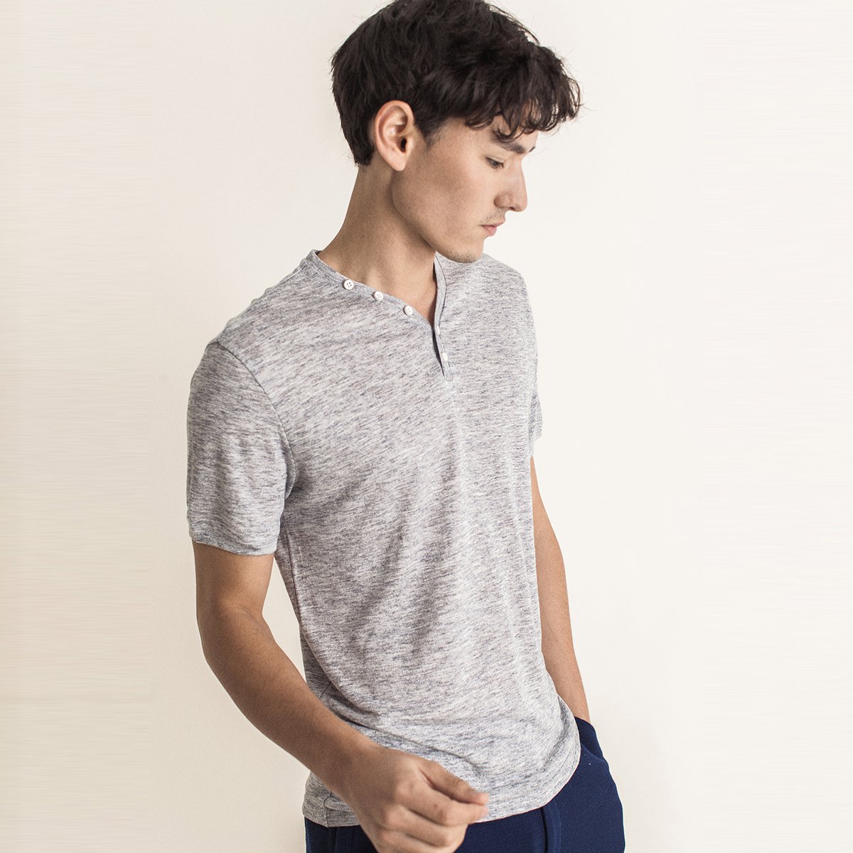 蓝豹lampo男t恤春夏全亚麻混色纱休闲男式t恤