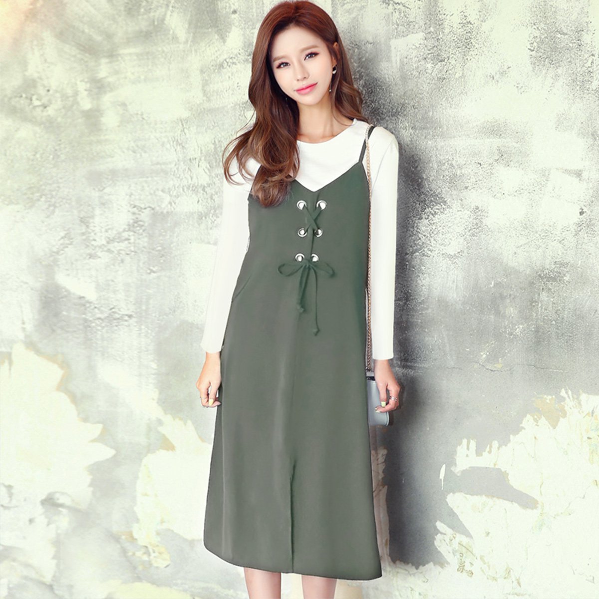 韩版女装夏装春夏秋学院风休闲宽松系带中长裙子吊带裙