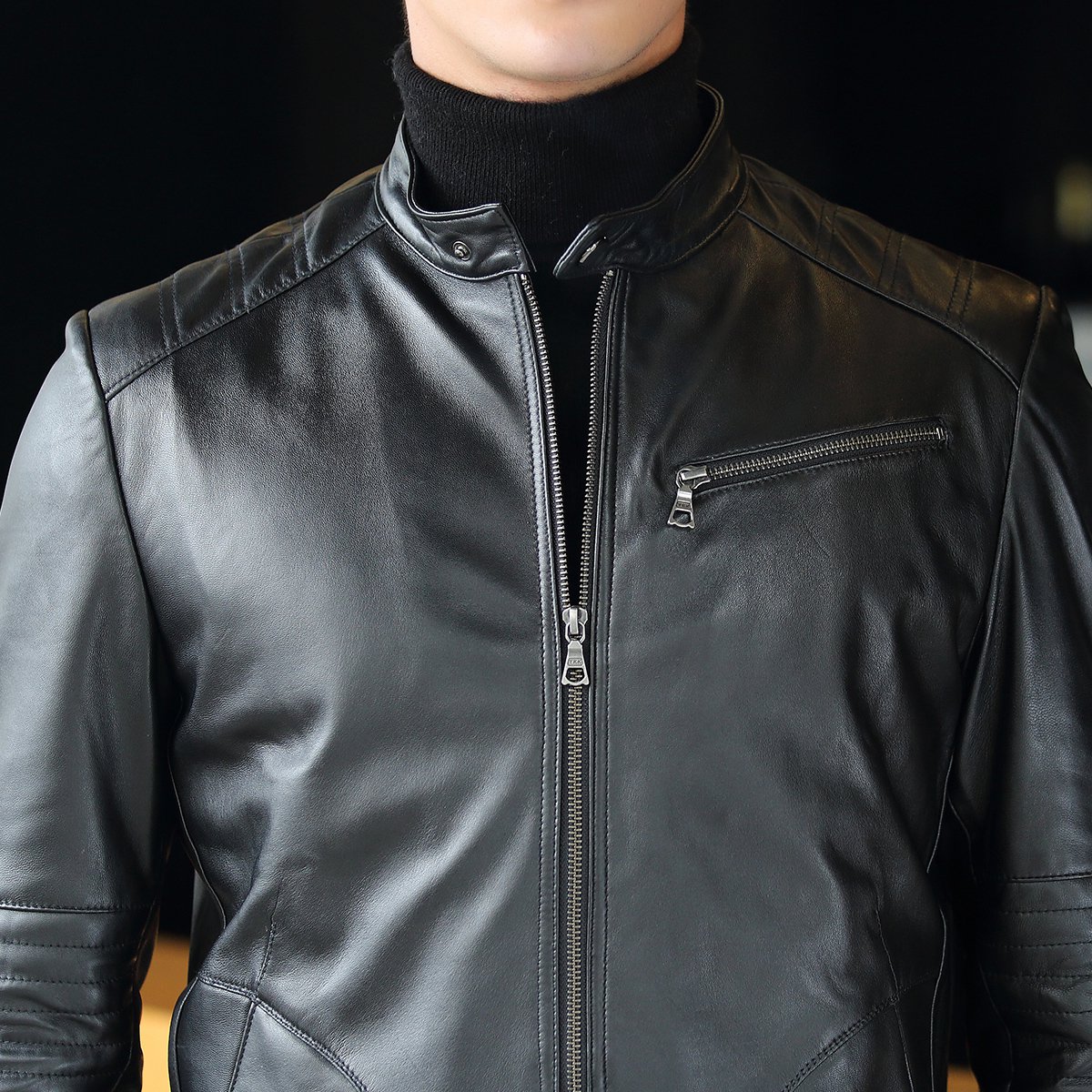 sinbos男式皮衣海宁真皮皮衣男 绵羊皮机车皮夹克男真皮修身外套潮