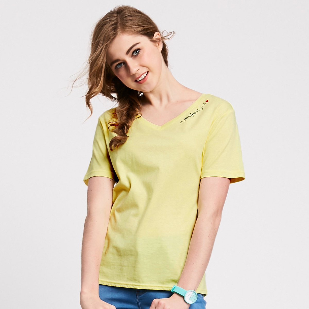 真维斯v领t恤女 2018夏季新品 女装打底印花短袖体恤