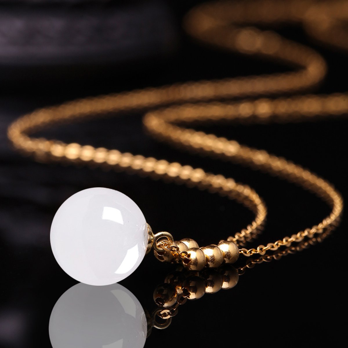 mary windsor 18k金镶天然和田玉10mm圆珠项链金链 白色 均码