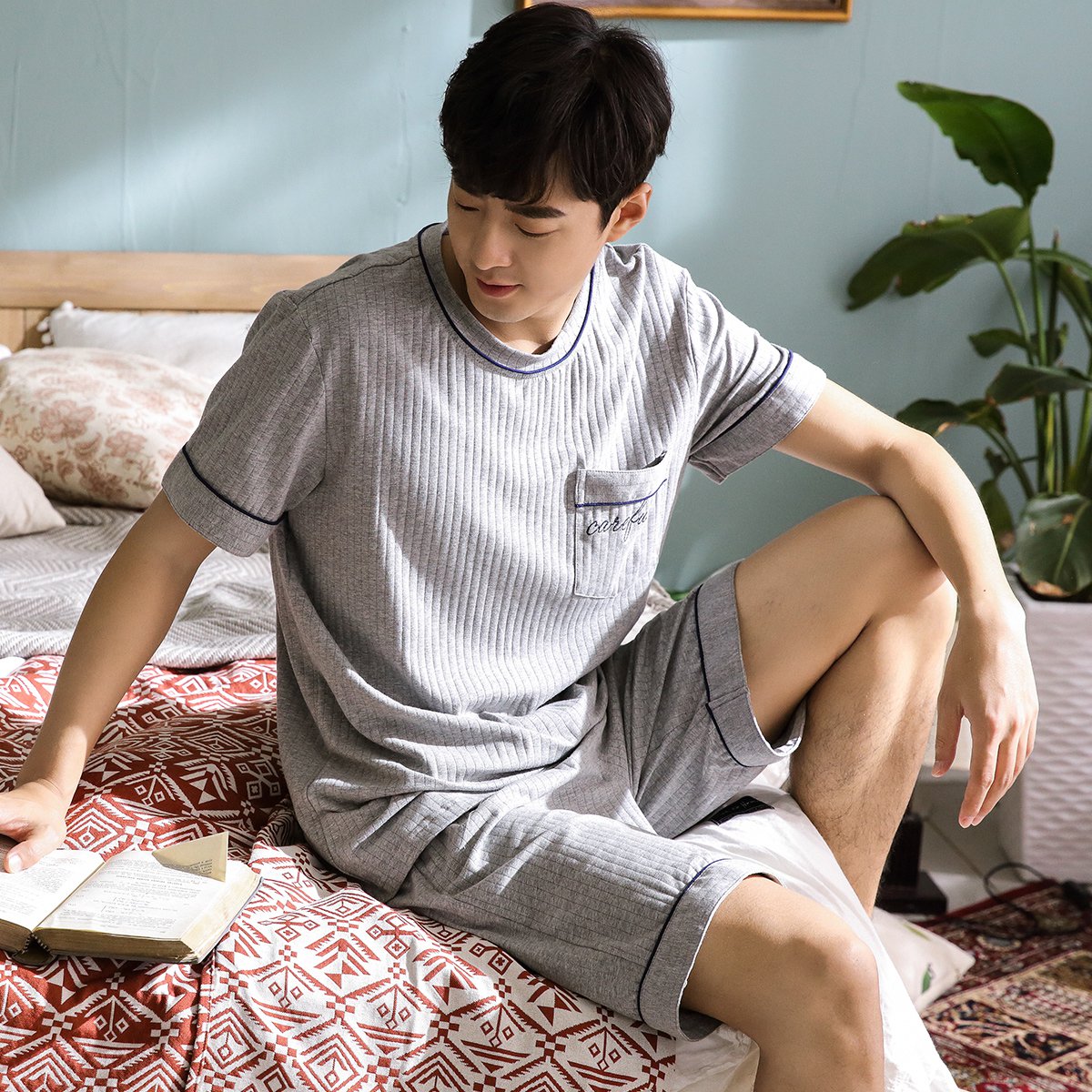 睡衣男夏天薄款短袖休闲青年男士睡衣夏季家居服男款套装