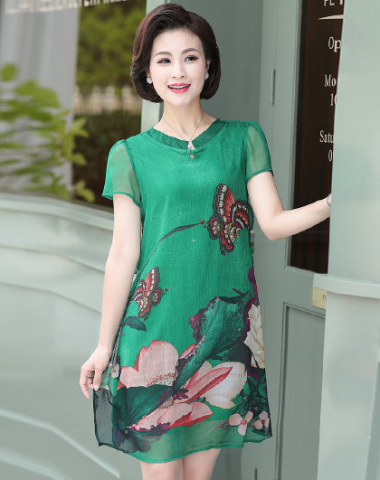 夏装新款妈妈连衣裙优雅印花裙简约短袖妈妈装中老年女装连衣裙