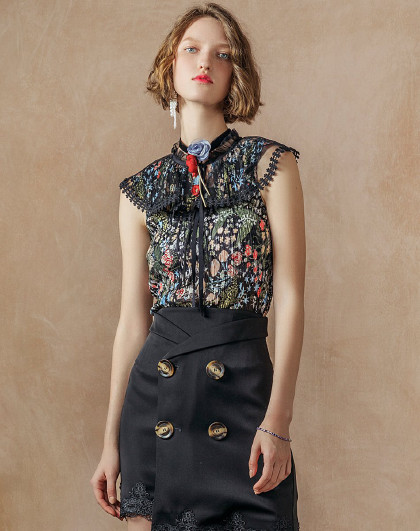 maxrieny 新品 网纱拼接压褶系带上衣复古印花无袖上衣女