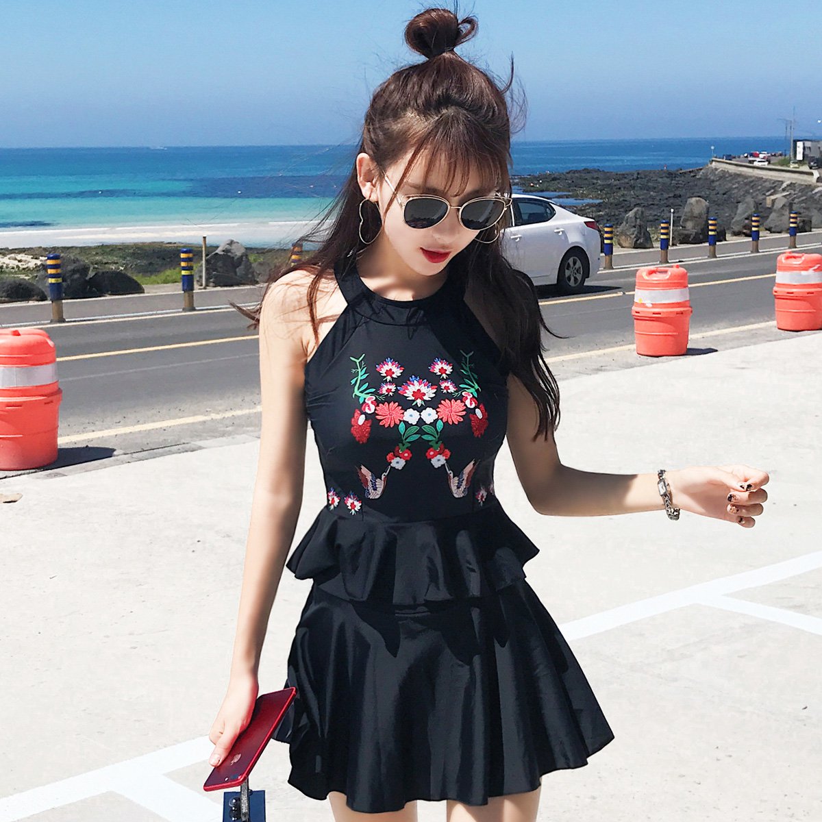 亦美珊 新款游泳衣女 保守显瘦遮肚聚拢 分体平角女士泳衣 黑色 xl