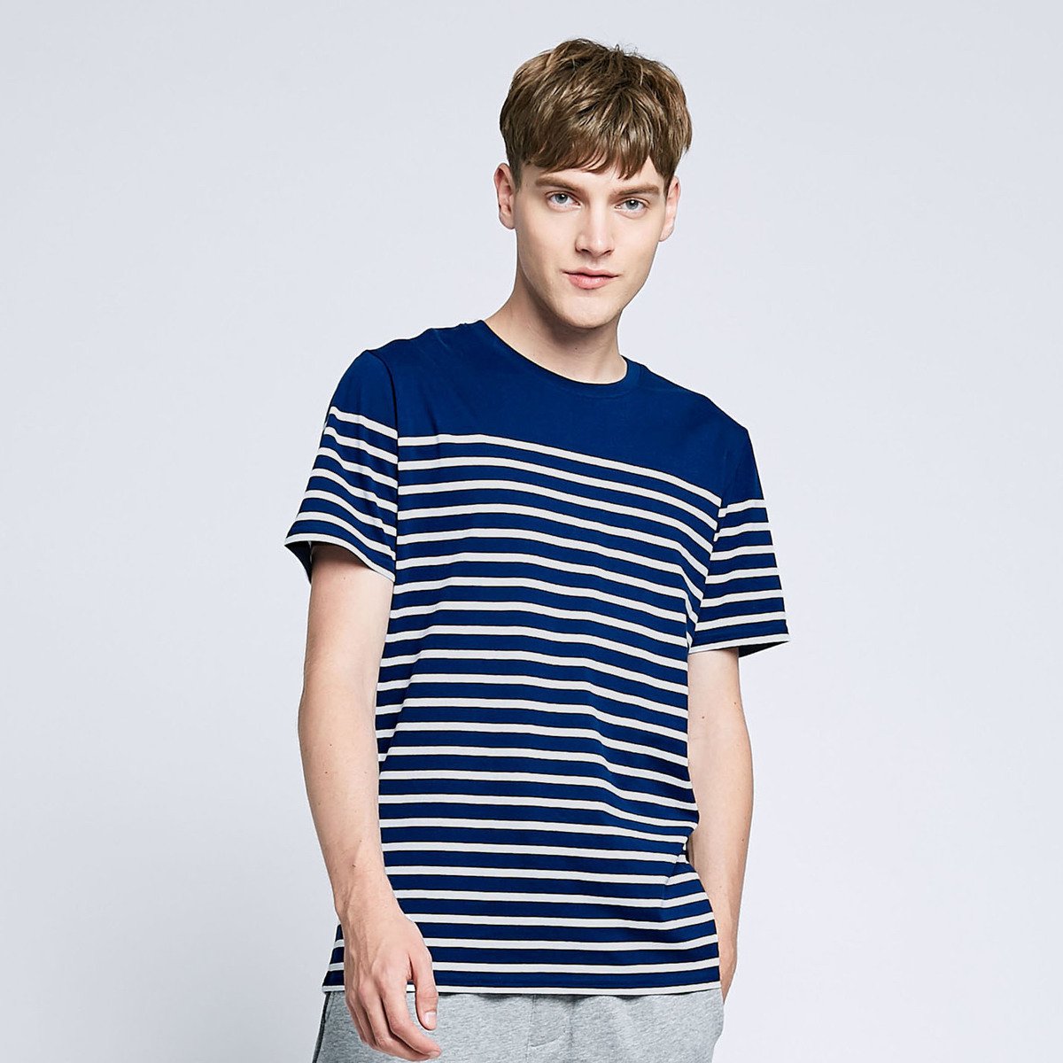 真维斯条纹t恤男 2018夏季新品 纯棉圆领打底衫短袖体恤男