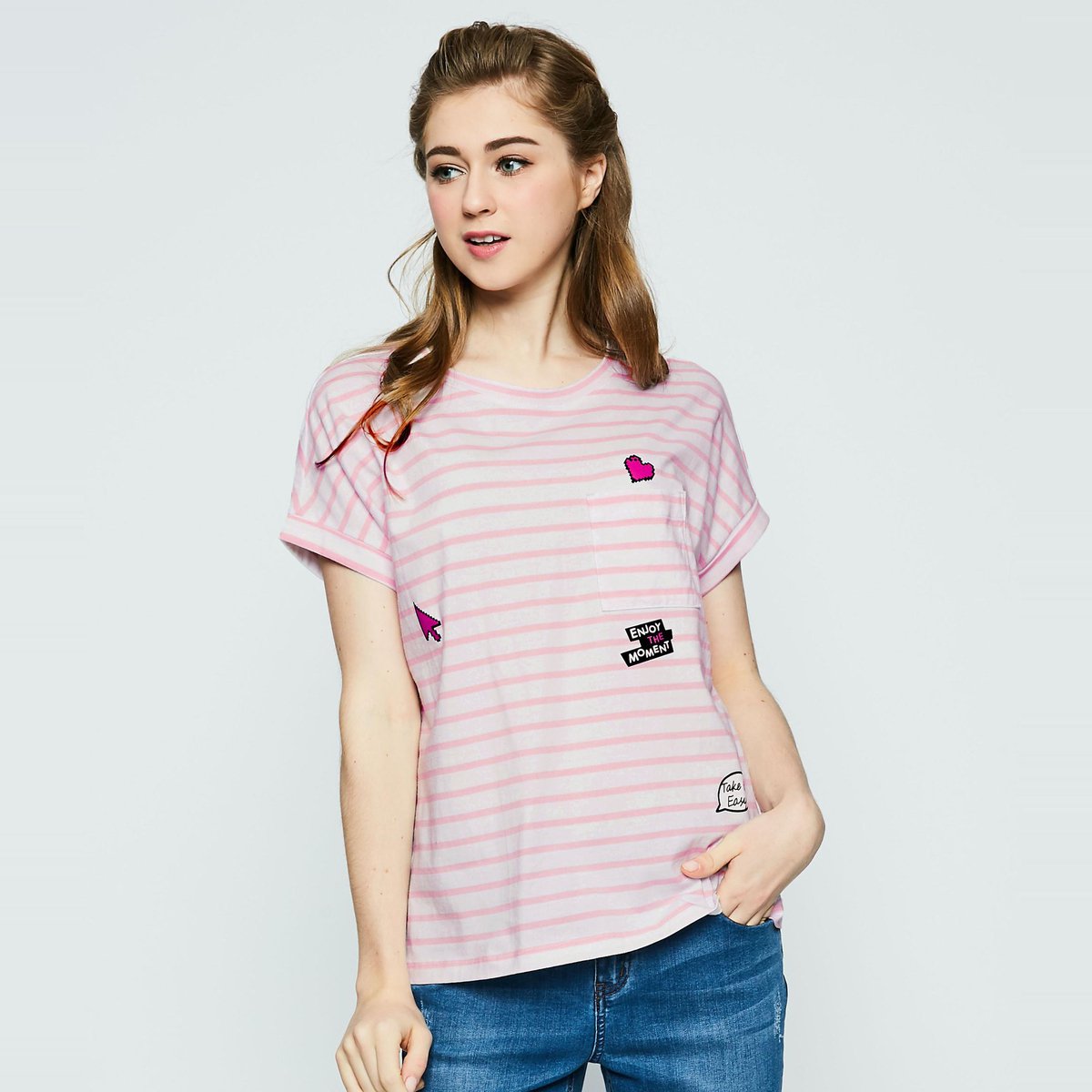 真维斯条纹t恤女2018夏季新品女装纯棉圆领印花宽松短袖t恤