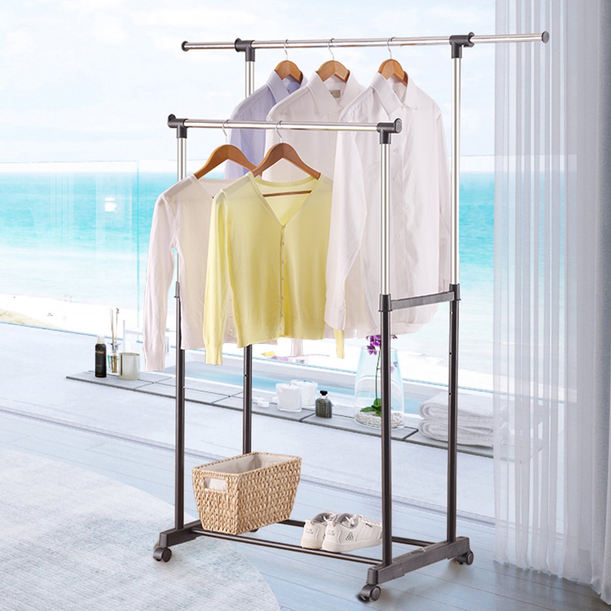 溢彩年华 双杆可伸缩升降晾衣架 晒衣架落地卧室挂衣架 阳台晾衣架