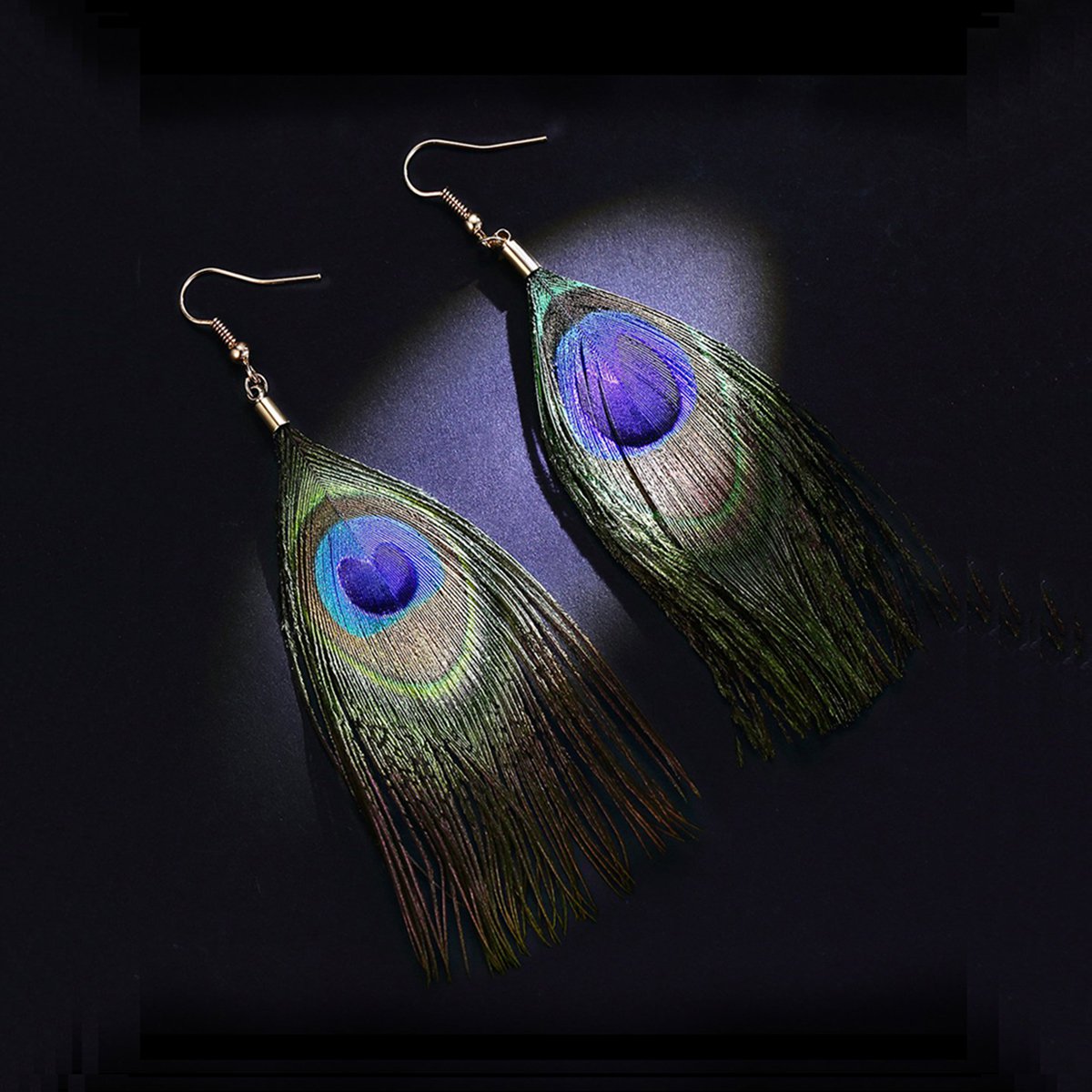 zengliu个性艳丽孔雀羽毛耳环耳钩长款流苏耳环女士耳坠夸张耳饰耳钉