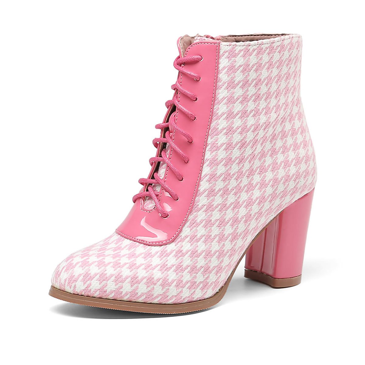 新款千鸟格纹系带粗跟粉色超纤棉短靴