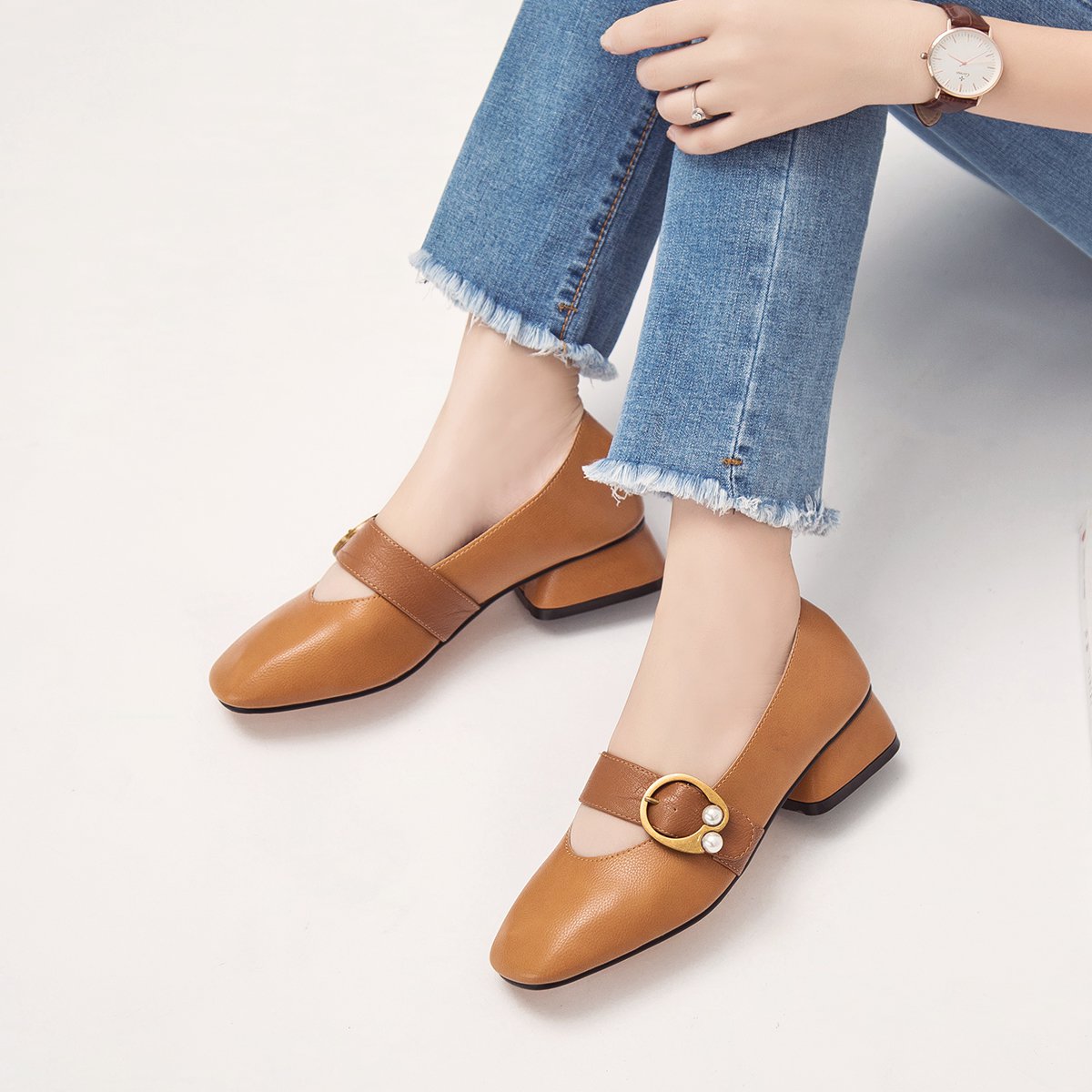 秋季新款方头复古珍珠玛丽珍奶奶鞋平底女士单鞋女鞋单鞋