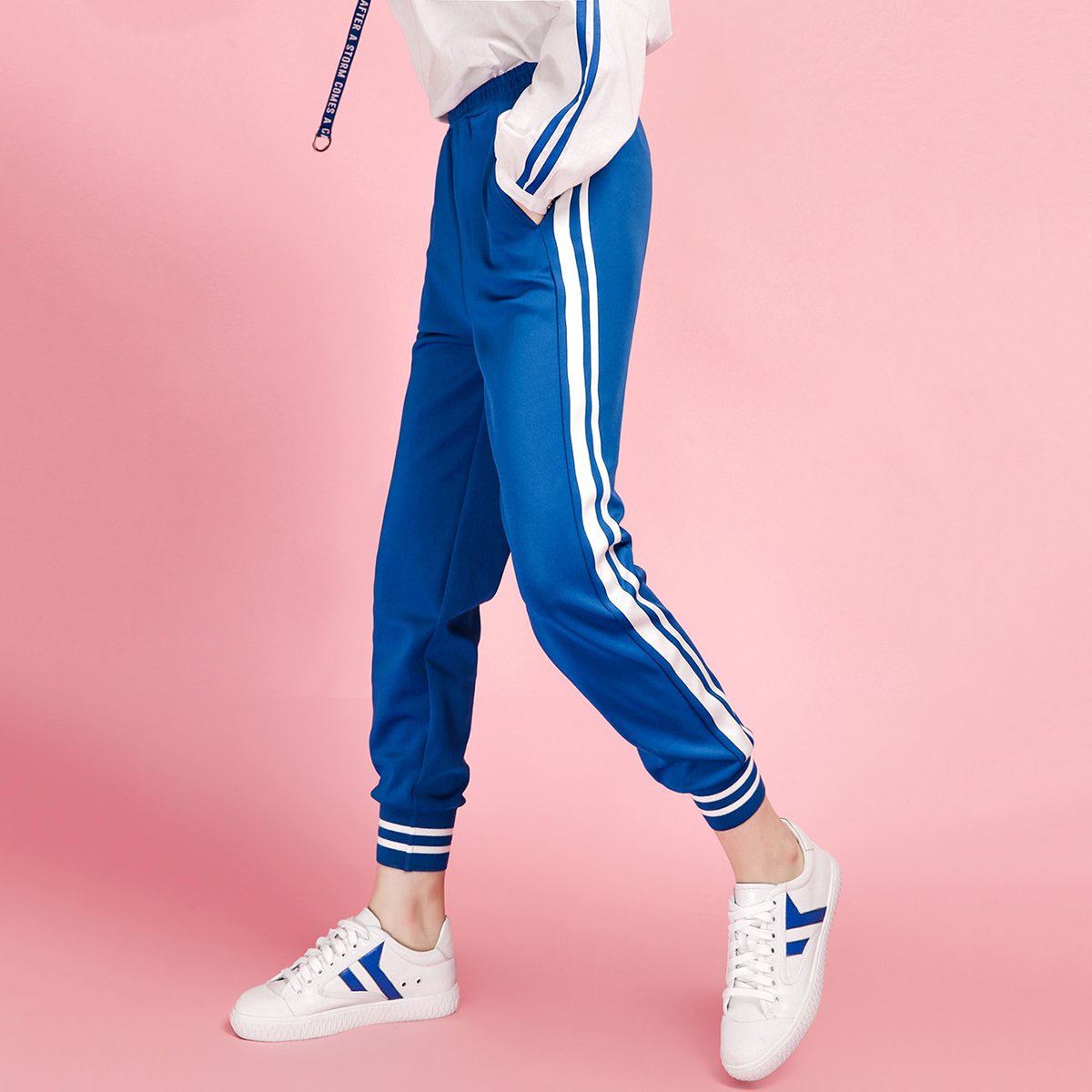 校服裤新款学院韩版宽松条纹九分收脚休闲运动裤女