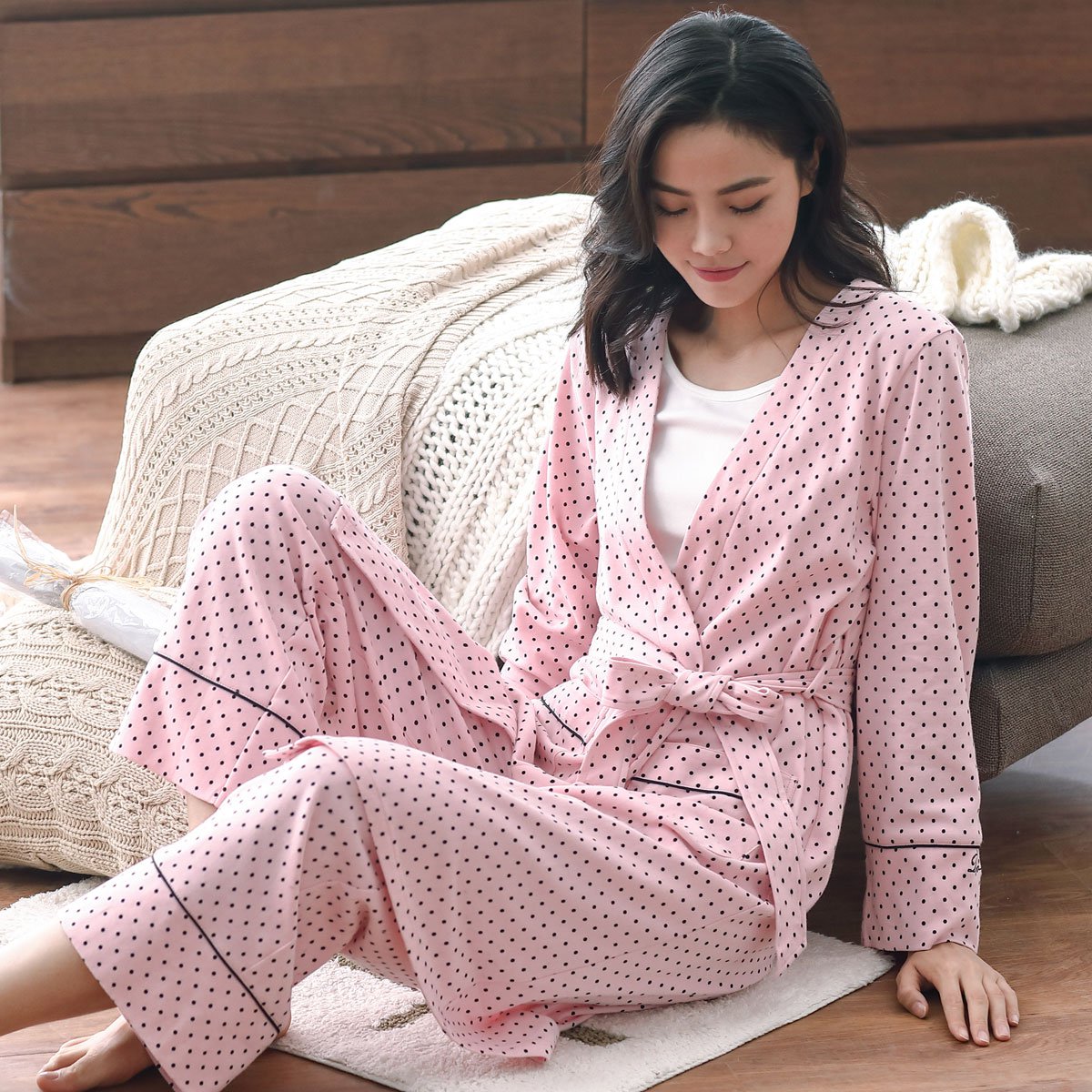 睡衣女秋纯棉长袖全棉家居服韩版开衫睡袍套装春秋浴袍外穿