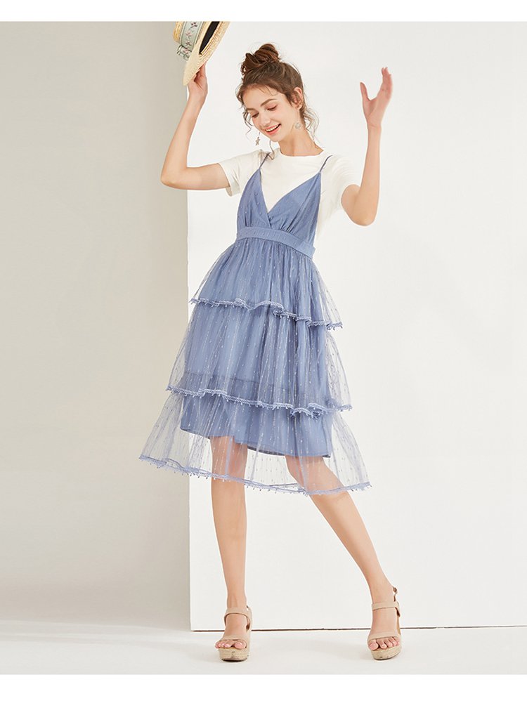 宝石蓝减龄叠穿高腰吊带纱裙