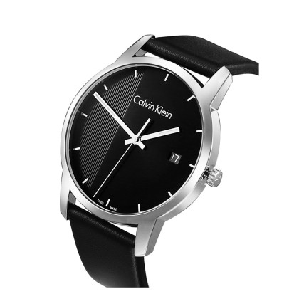 瑞士calvin klein卡尔文 克莱恩 ck手表 city系列黑盘精钢皮表带男士