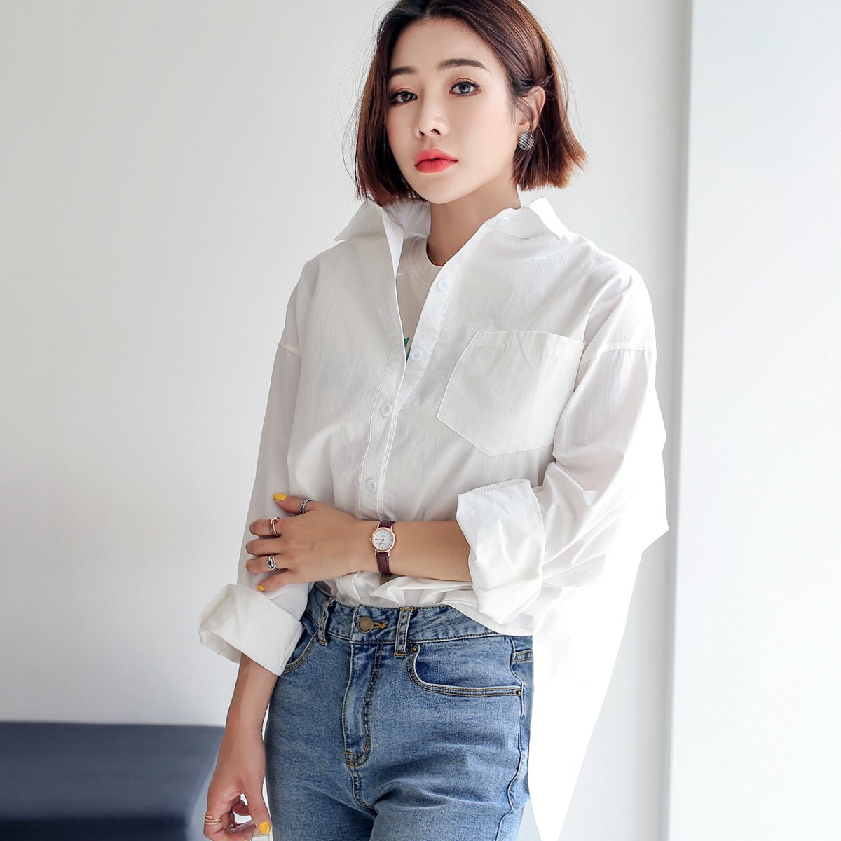 春秋装街头风简约通勤宽松显瘦落肩袖时尚休闲百搭纯色女款长袖衬衫