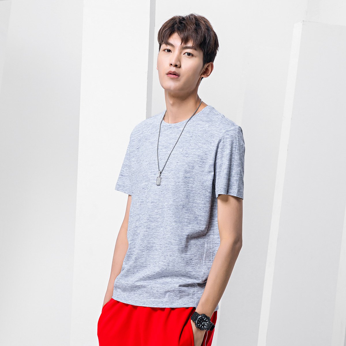 男款休闲无领针织短袖男式t恤