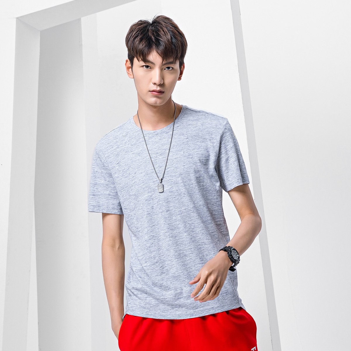 男款休闲无领针织短袖男式t恤