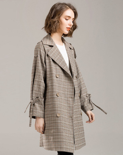 2018秋装宽松蝴蝶结时尚外套中长款双排扣系带复古格纹风衣