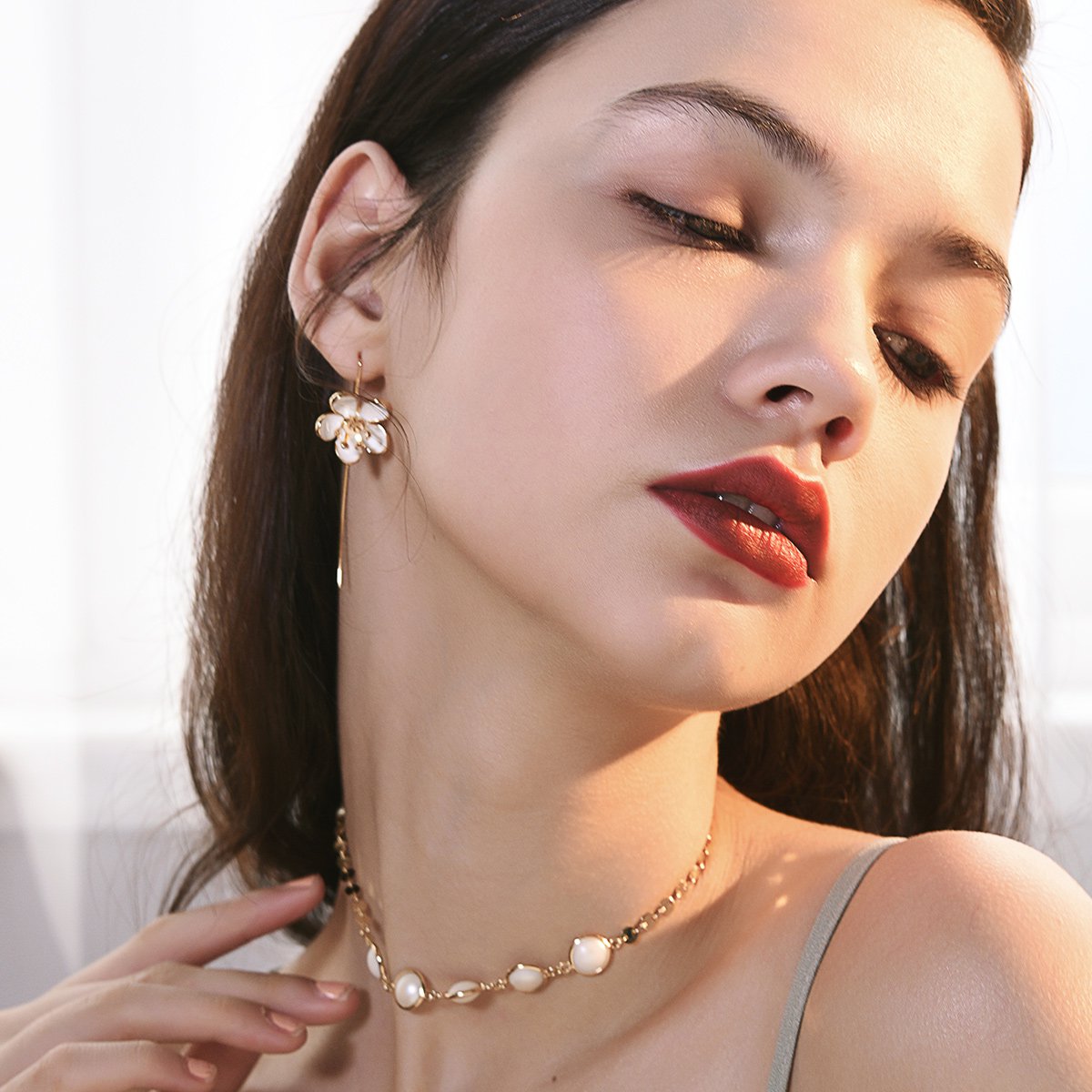 【唯品会】 静风格静风格花间梦耳勾款滴釉花朵耳环女长款耳坠时尚