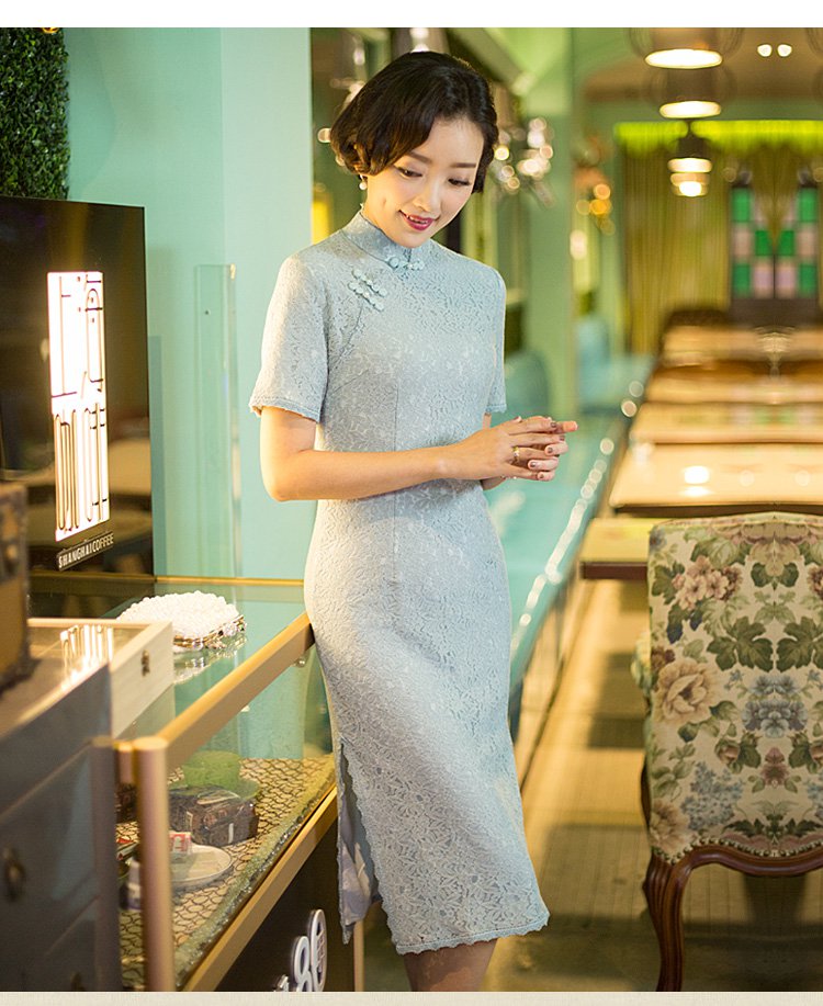 [逸红颜 初秋] 旗袍女夏 中长款蕾丝改良旗袍2018新款旗袍连衣裙