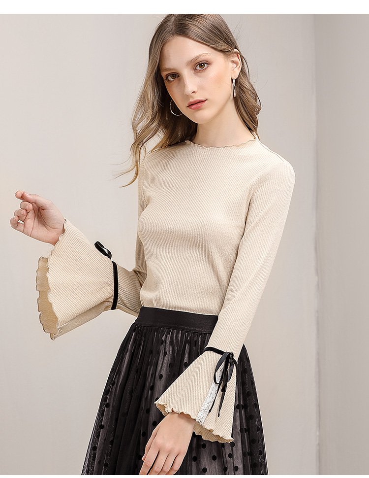 2018秋冬新款甜美花边喇叭袖针织长袖t恤圆领百搭修身女式打底衫