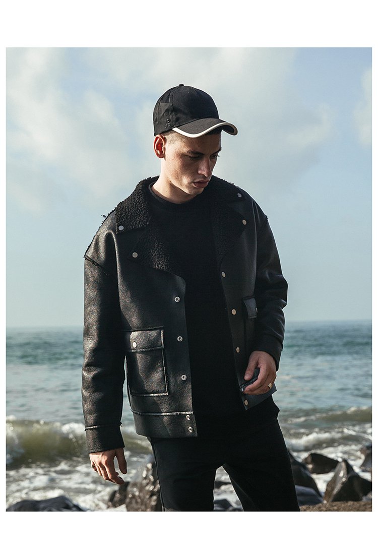 viishow新款多口袋翻领机车皮外套男士皮衣外套时尚潮牌