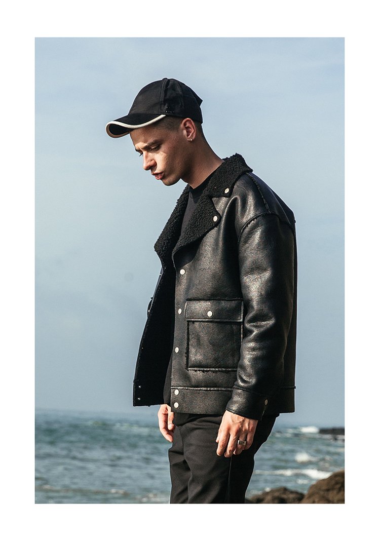 viishow新款多口袋翻领机车皮外套男士皮衣外套时尚潮牌