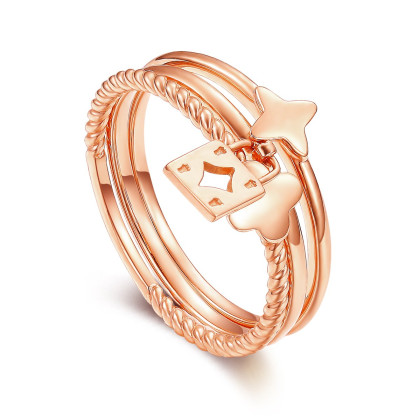 潮宏基梵迪18k金戒指女四叶草锁头幸运指环三款叠戴