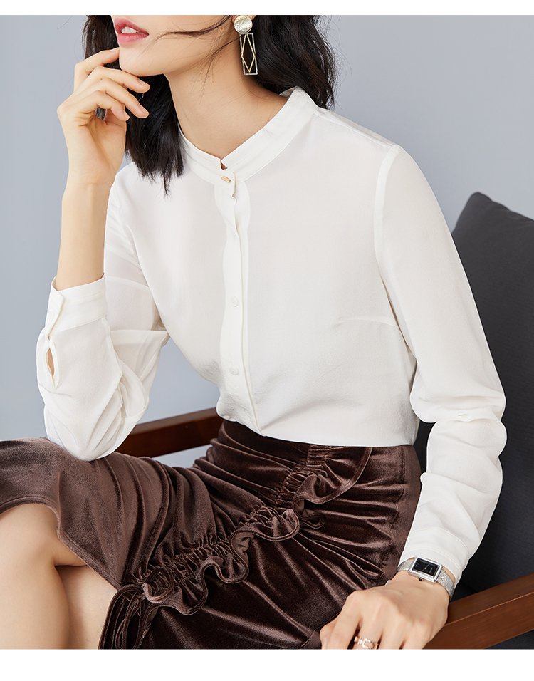 yhmw优雅真丝衬衫女长袖2018秋装新款减龄百搭立领休闲桑蚕丝衬衣前短