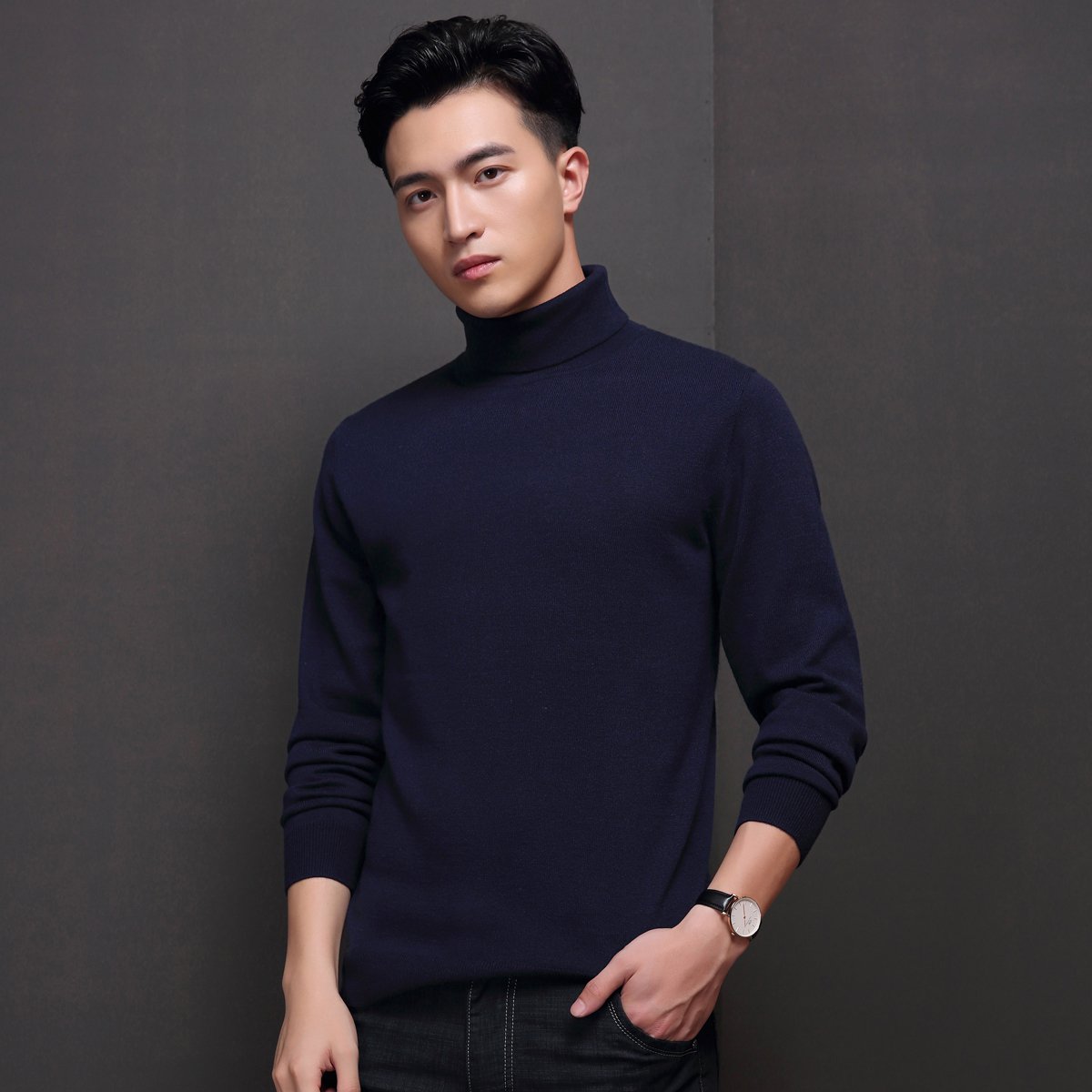 2018秋冬新款男式毛衣羊毛针织衫纯色休闲高领保暖羊毛衫修身打底衫男