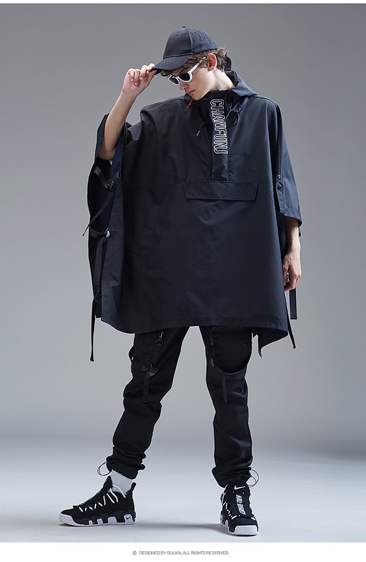 秋冬新款潮牌披风外套男 青少年蝙蝠袖雨衣连帽斗篷大衣中长款男外套