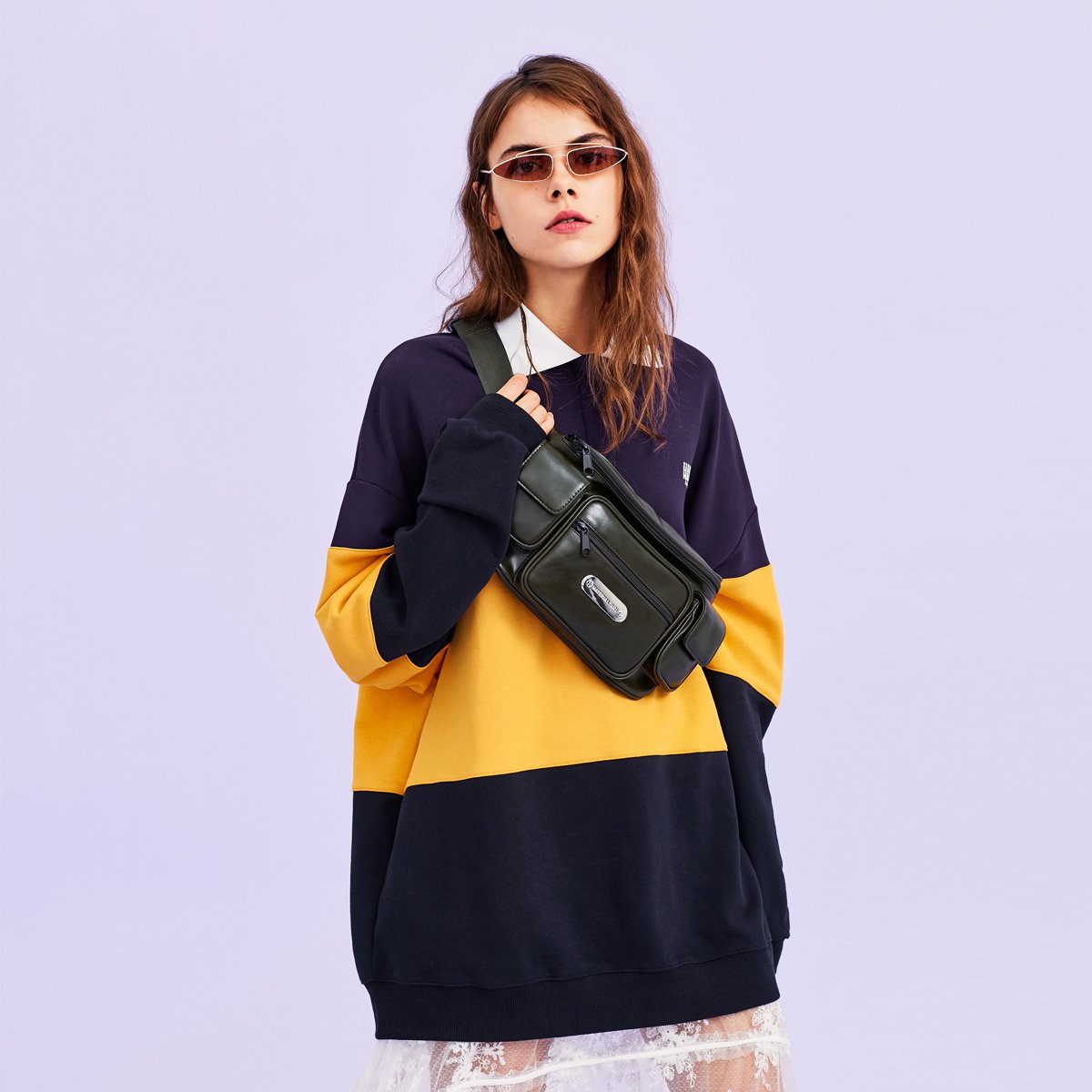 2018新款女装卫衣polo领连帽可脱卸中长款宽松长袖卫衣女