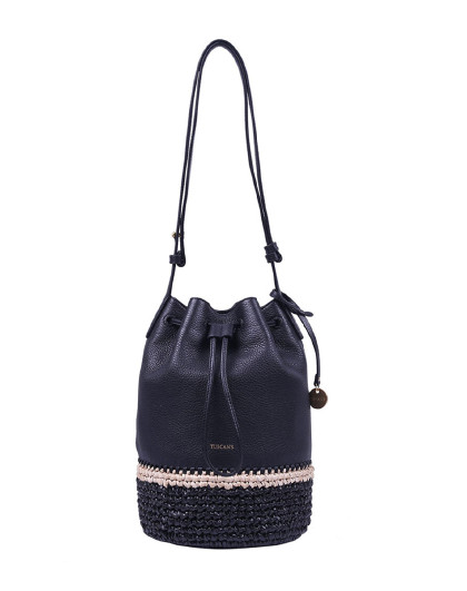 tuscans双鱼女包牛皮编织拼接单肩斜挎水桶包