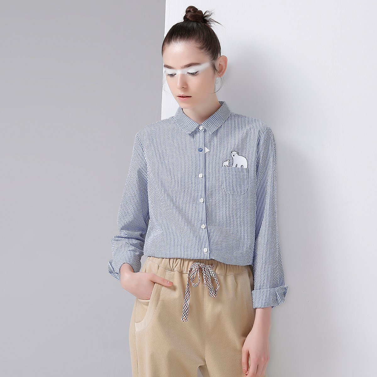 【秋新款】初语通竖条纹女泡泡布学生衬衫