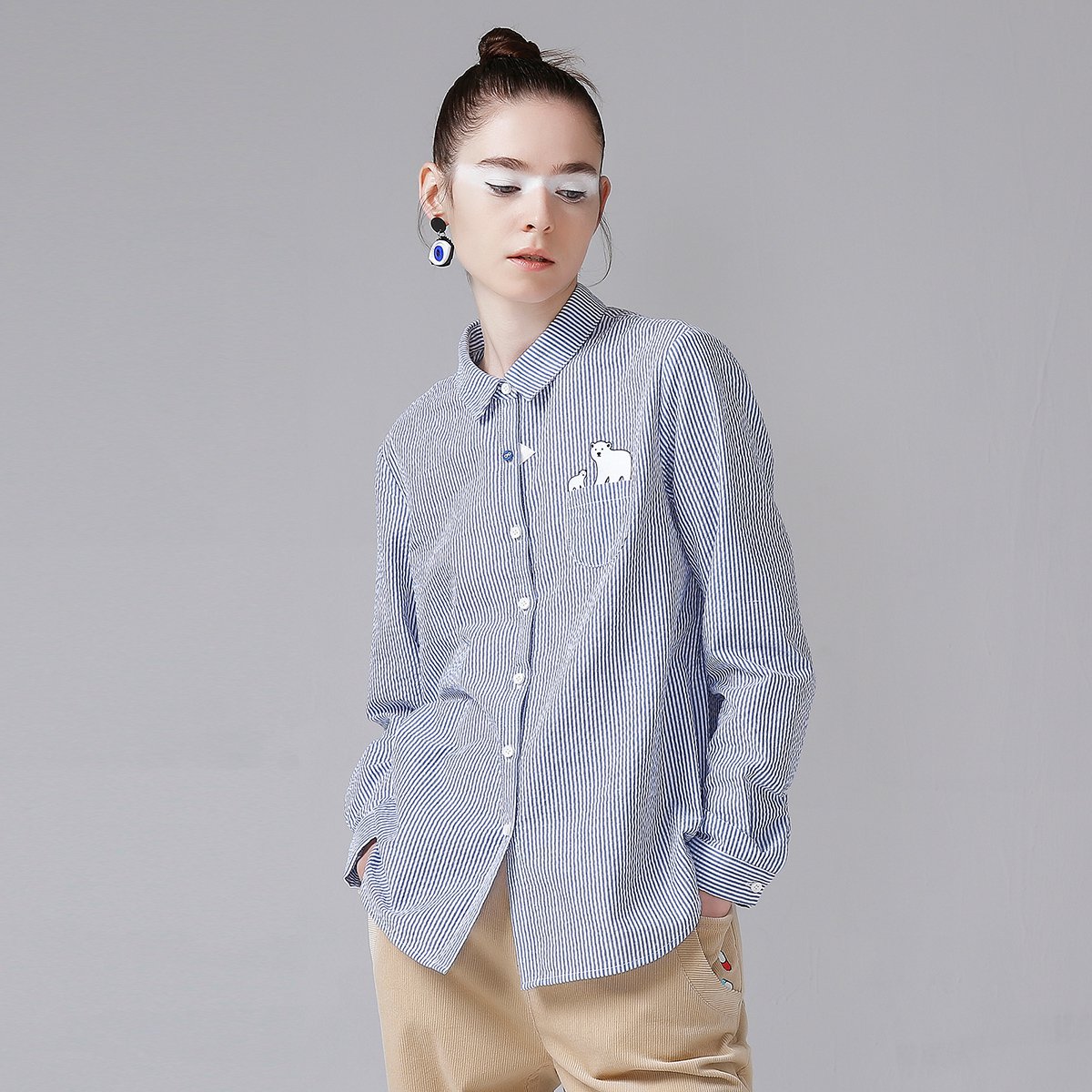 【秋新款】初语通竖条纹女泡泡布学生衬衫
