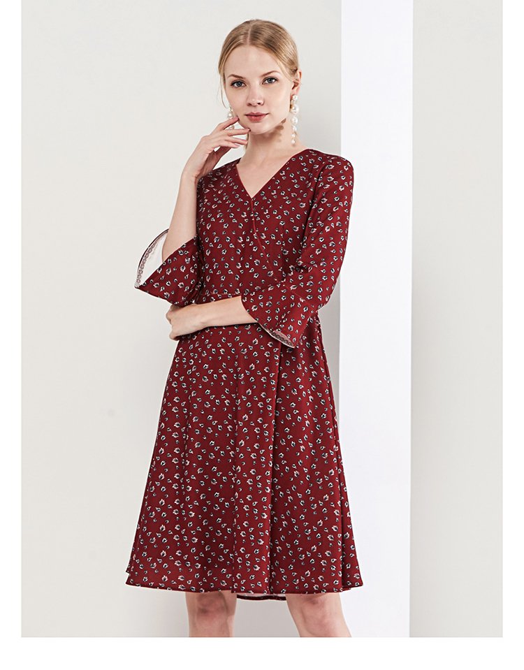 敦奴优雅v领女装印花连衣裙