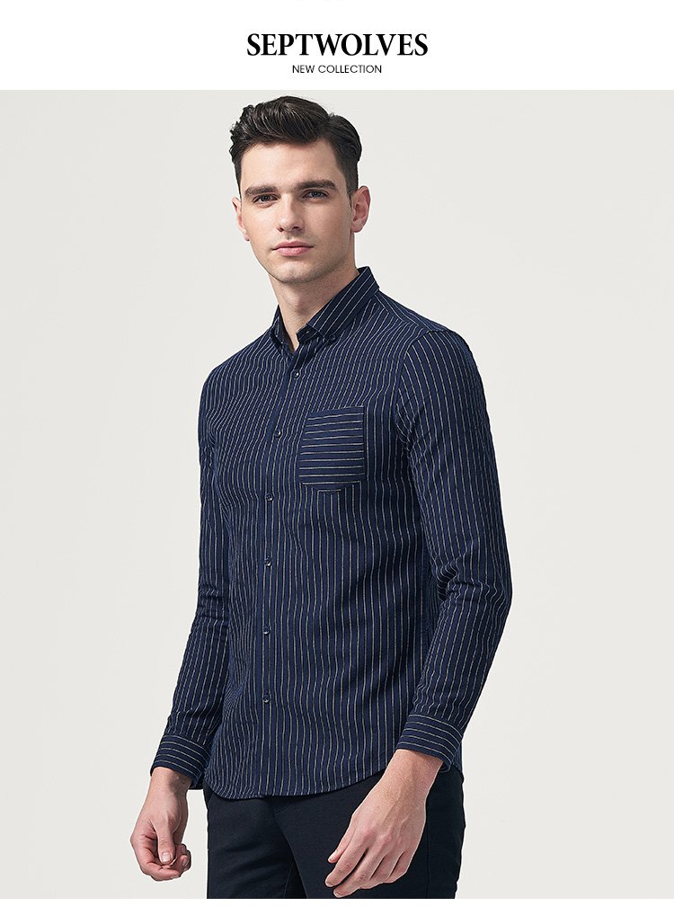 春装 新款纯棉休闲条形长袖男士衬衫