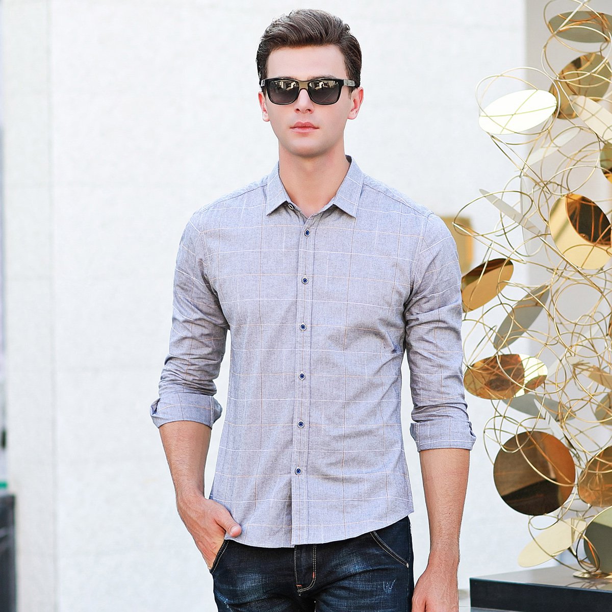 纯棉舒适面料】2018年新款舒适透气格纹商务休闲男装衬衫正装衬衣男士