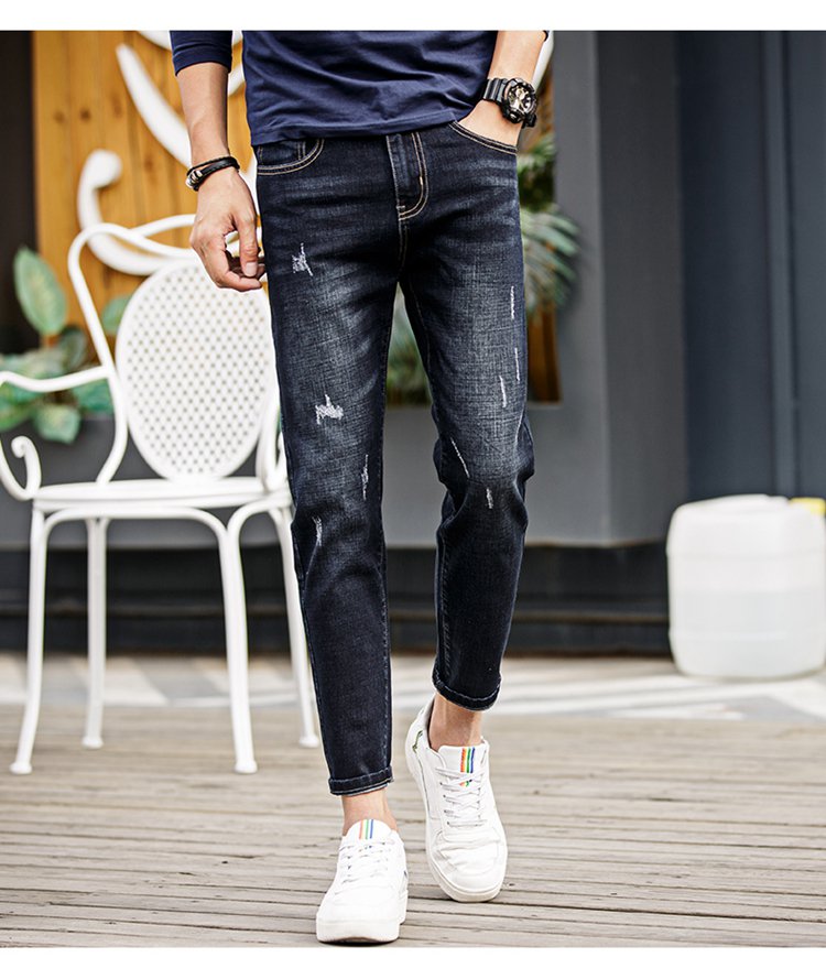 新款男士牛仔裤修身小脚青年九分裤子潮流